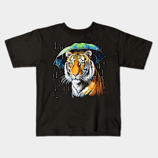 Siberian Tiger Rainy Day With Umbrella Kids T-Shirt